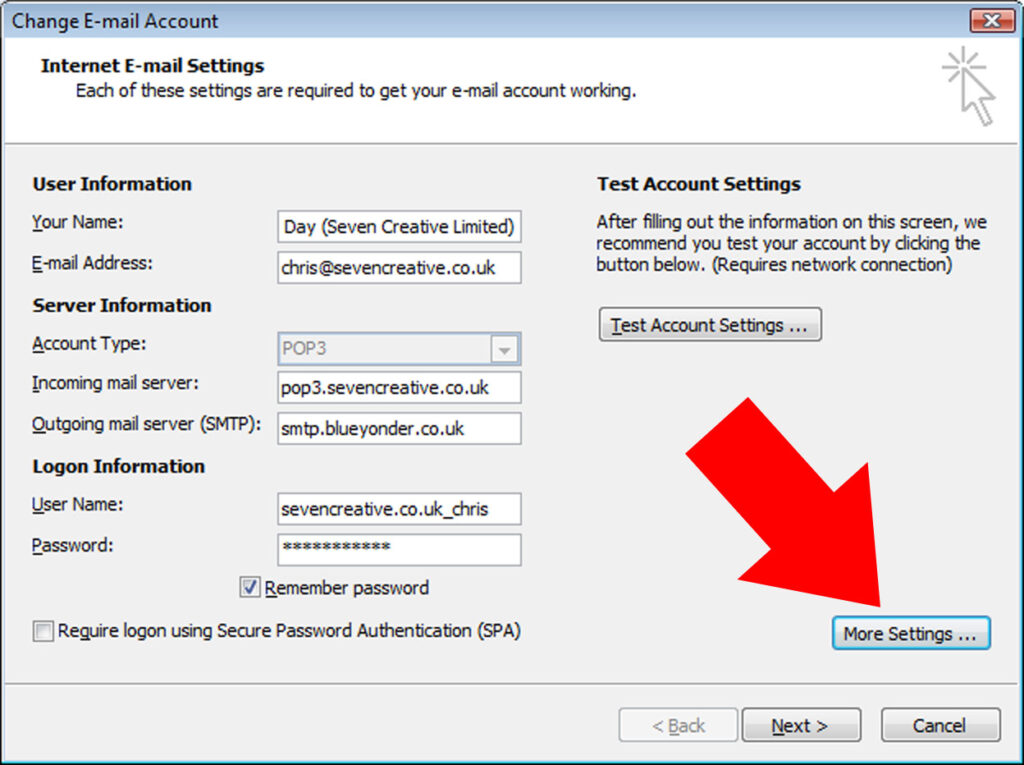 Outlook 2007 - adding SMTP authentication - Seven Creative